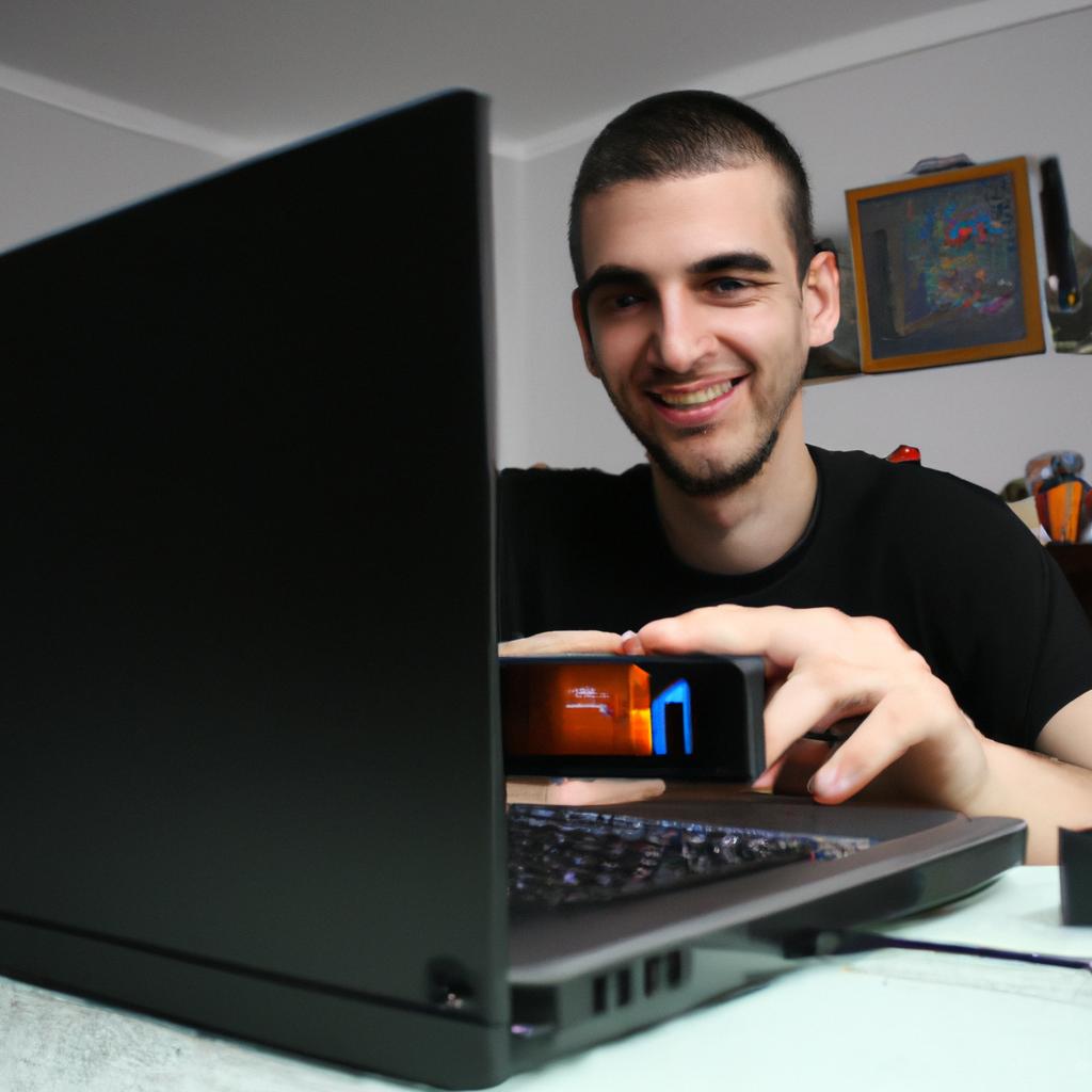 Person streaming on laptop, smiling