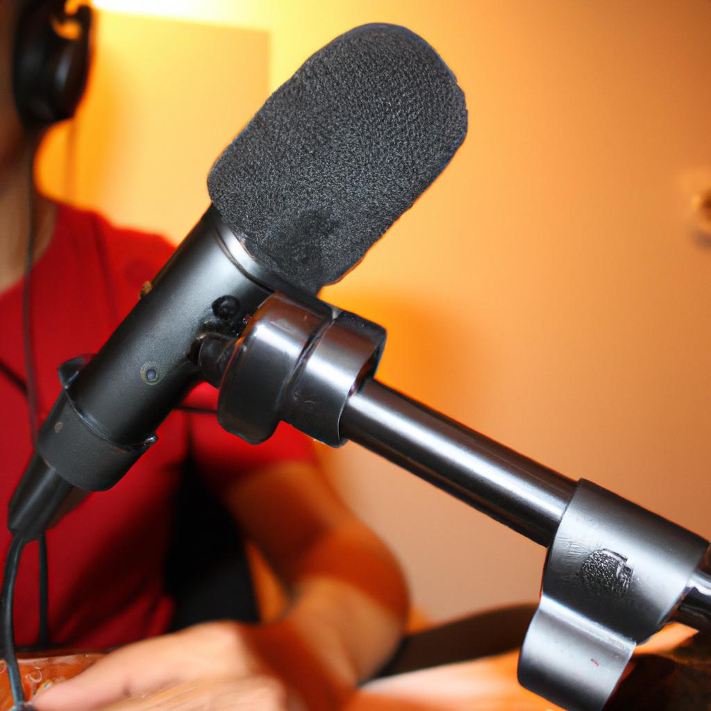 Person recording podcast on microphone