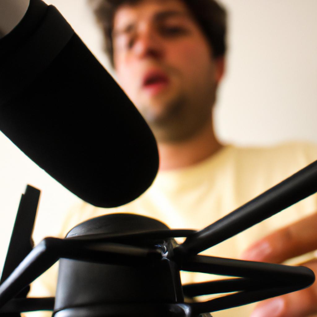 Person recording podcast with microphone